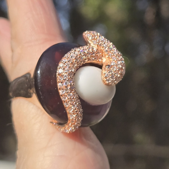 White Sapphire Black Onyx Blown Glass Sterling & Gold Snake Statement Ring Sz8.7 - Picture 8 of 13
